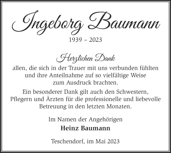 Traueranzeige von Ingeborg Baumann von Märkische Oderzeitung