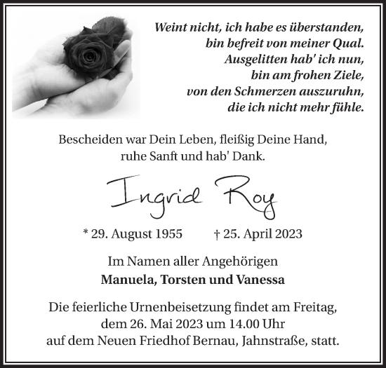 Traueranzeige von Ingrid Roy von Märkische Oderzeitung