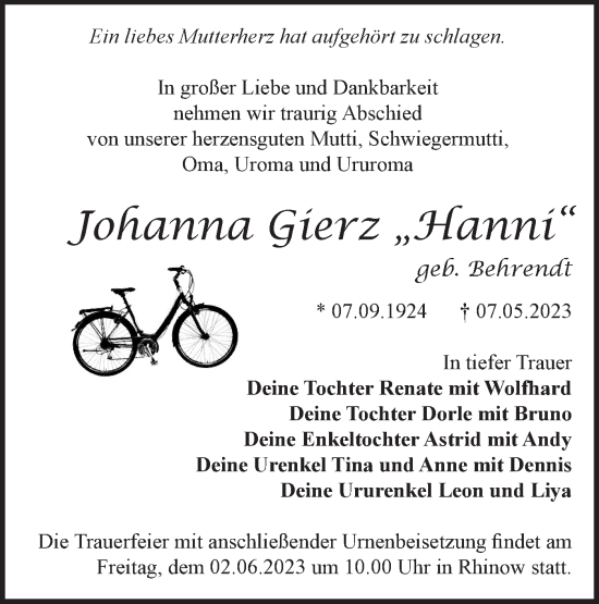 Traueranzeige von Johanna Gierz von Märkische Oderzeitung