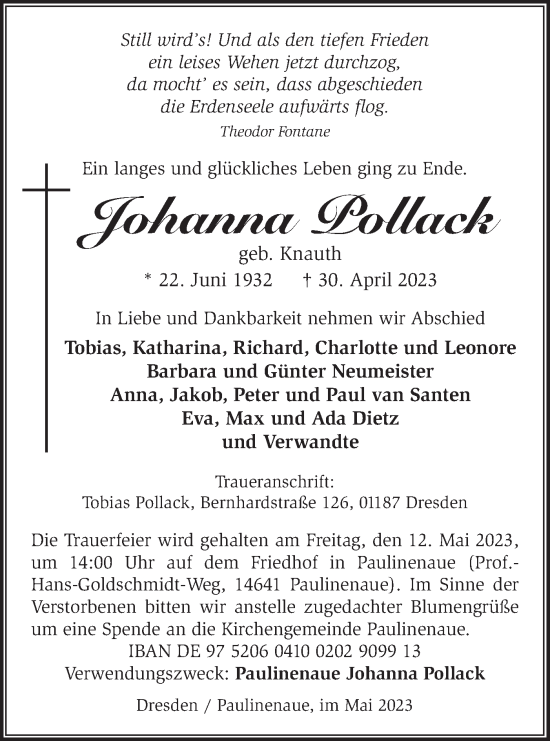 Traueranzeige von Johanna Pollack von Märkische Oderzeitung