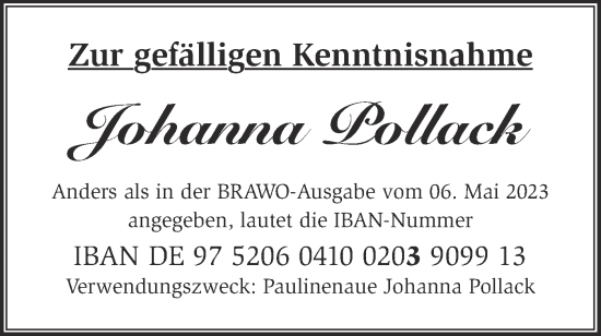 Traueranzeige von Johanna Pollack von Märkische Oderzeitung