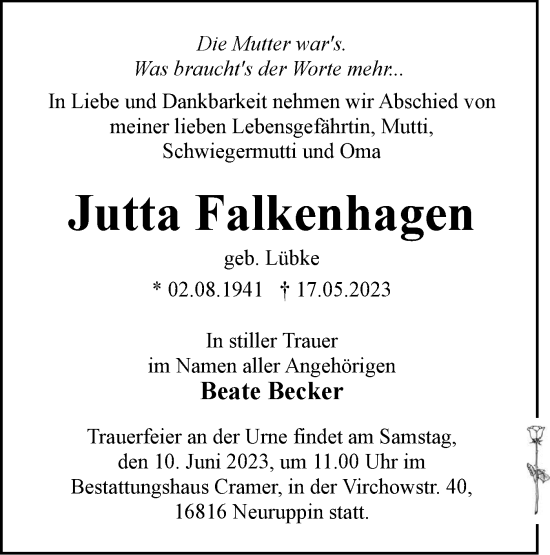 Traueranzeige von Jutta Falkenhagen von Märkische Oderzeitung