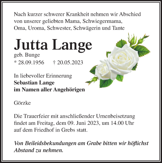 Traueranzeige von Jutta Lange von Märkische Oderzeitung