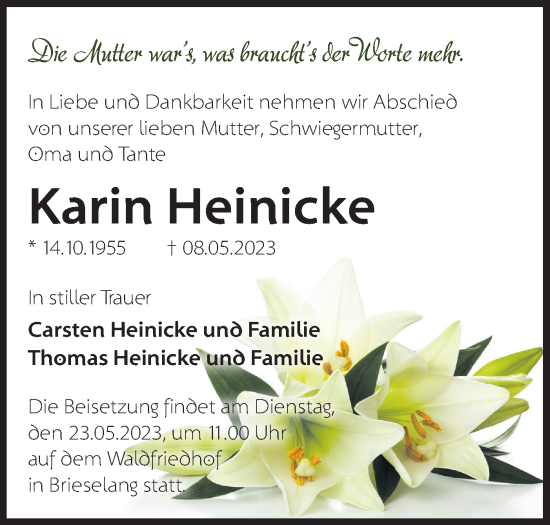 Traueranzeige von Karin Heinicke von Märkische Oderzeitung