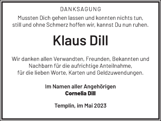 Traueranzeige von Klaus Dill von Märkische Oderzeitung