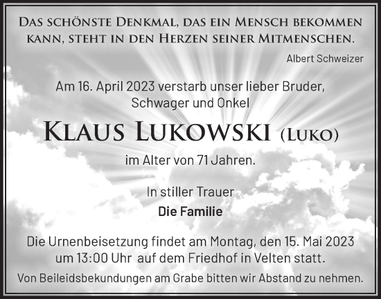 Traueranzeige von Klaus Lukowski von Märkische Oderzeitung