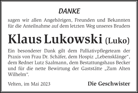 Traueranzeige von Klaus Lukowski von Märkische Oderzeitung