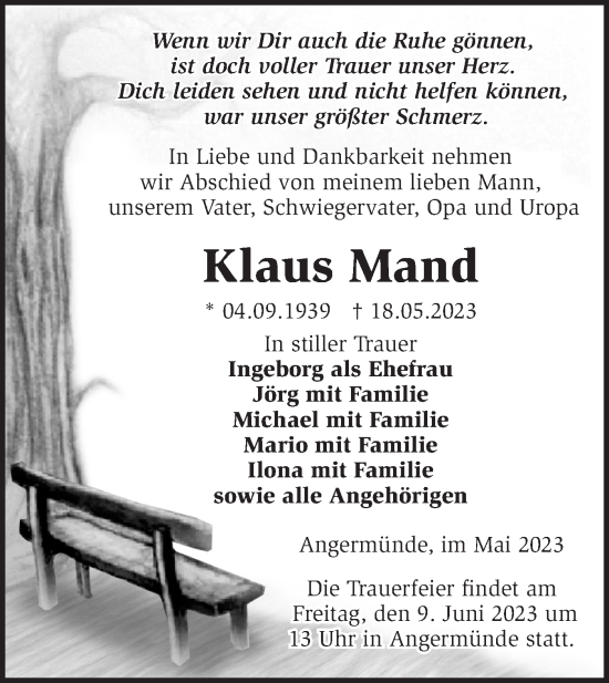 Traueranzeige von Klaus Mand von Märkische Oderzeitung