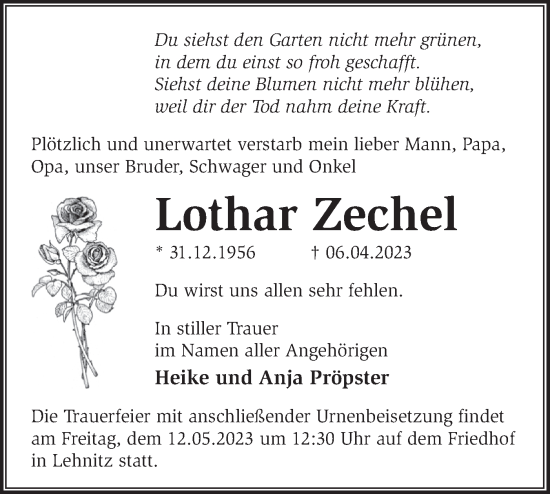 Traueranzeige von Lothar Zechel von Märkische Oderzeitung