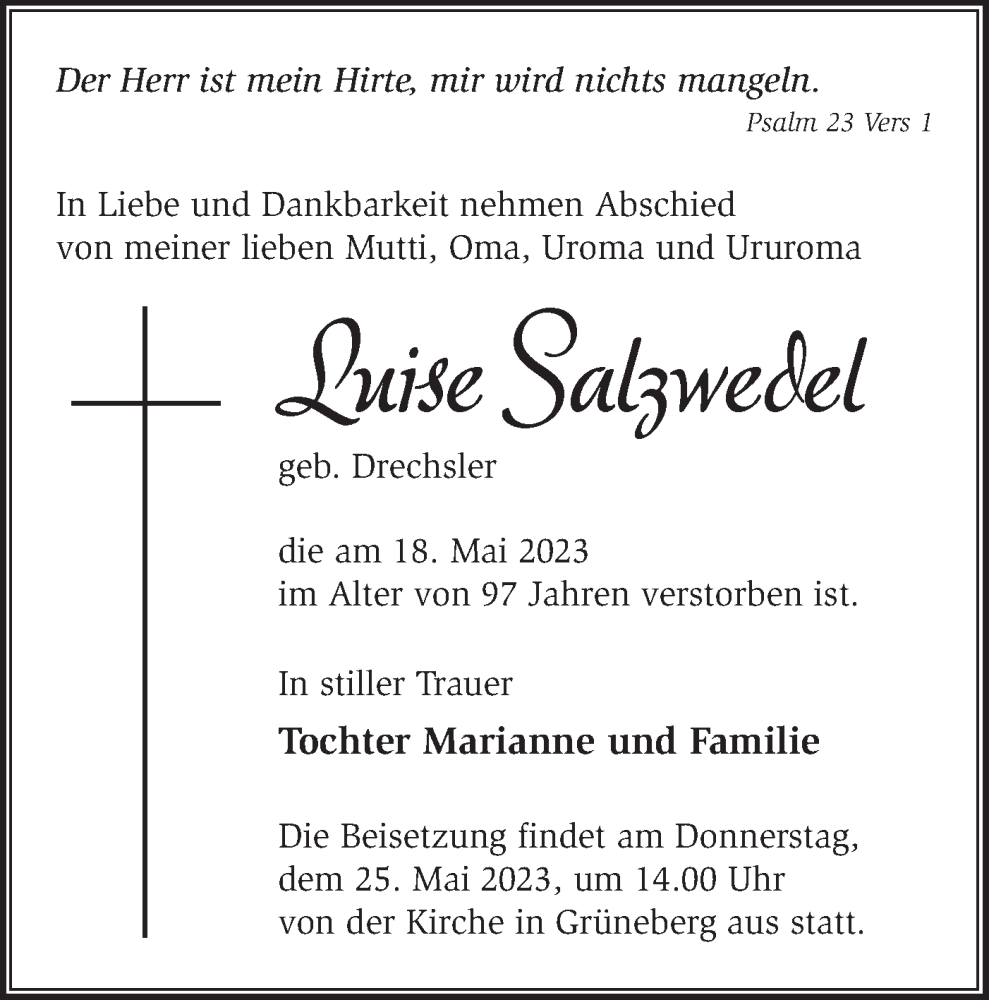  Traueranzeige für Luise Salzwedel vom 23.05.2023 aus Märkische Oderzeitung