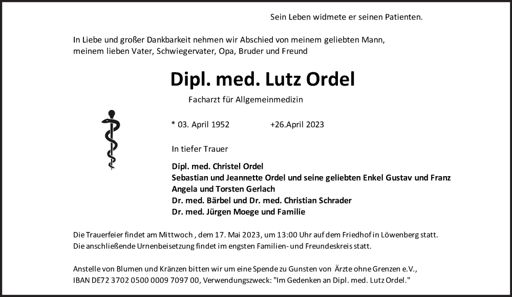  Traueranzeige für Lutz Ordel vom 06.05.2023 aus Märkische Oderzeitung