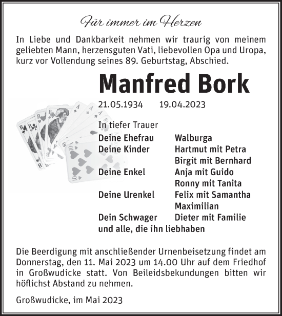 Traueranzeige von Manfred Bork von Märkische Oderzeitung