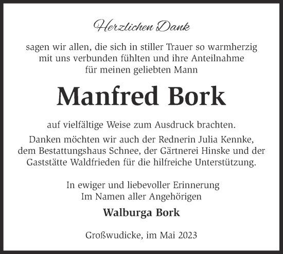 Traueranzeige von Manfred Bork von Märkische Oderzeitung