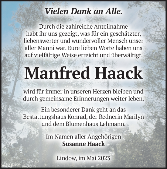 Traueranzeige von Manfred Haack von Märkische Oderzeitung