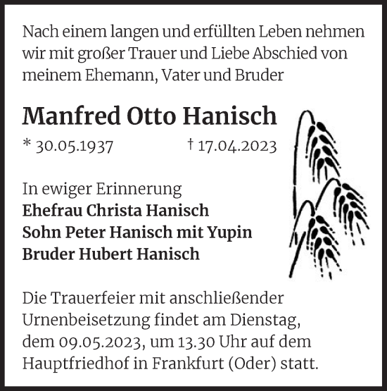 Traueranzeige von Manfred Otto Hanisch von Märkische Oderzeitung