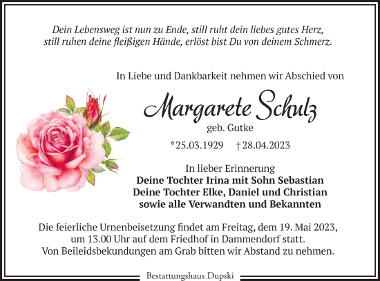 Traueranzeige von Margarete Schulz von Märkische Oderzeitung