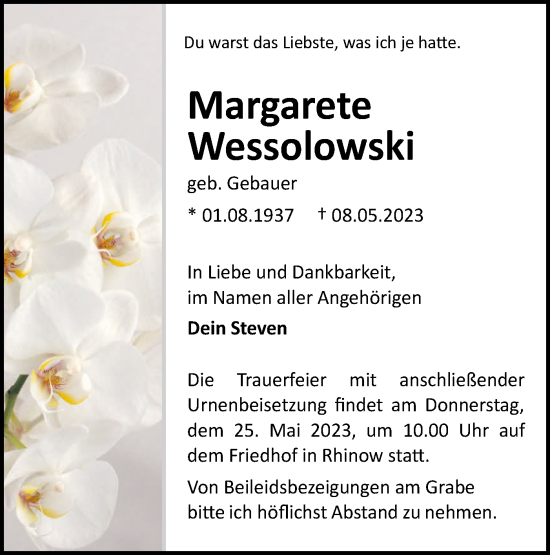 Traueranzeige von Margarete Wessolowski von Märkische Oderzeitung