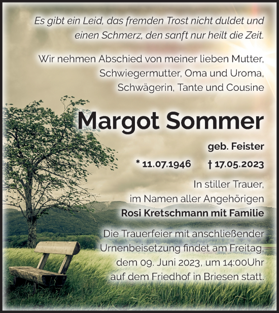 Traueranzeige von Margot Sommer von Märkische Oderzeitung