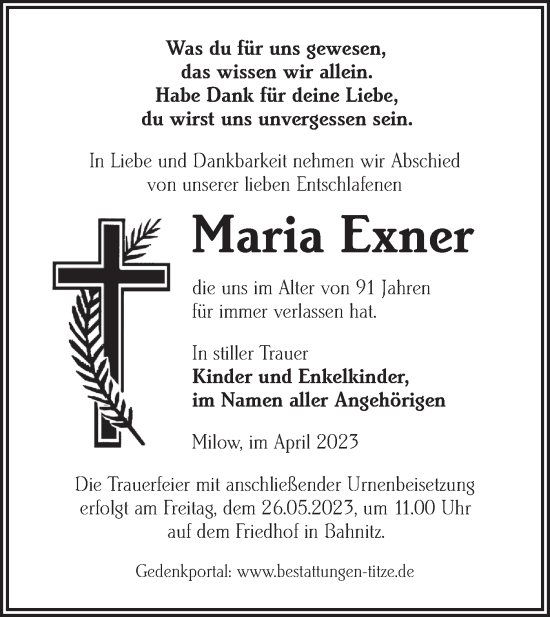 Traueranzeige von Maria Exner von Märkische Oderzeitung