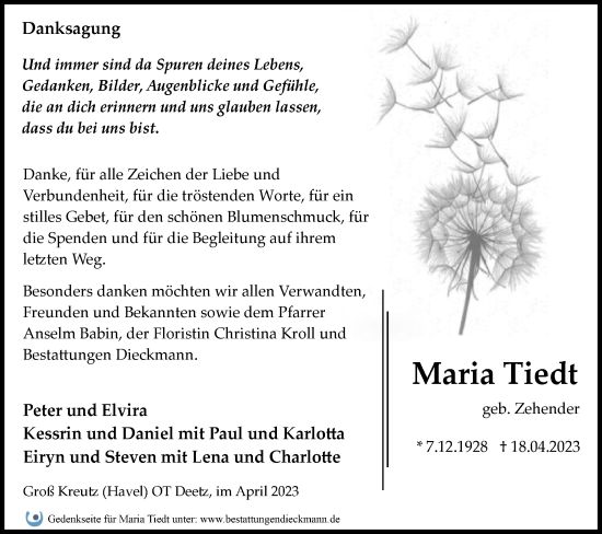 Traueranzeige von Maria Tiedt von Märkische Oderzeitung