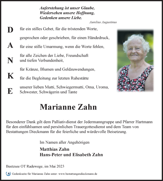 Traueranzeige von Marianne Zahn von Märkische Oderzeitung