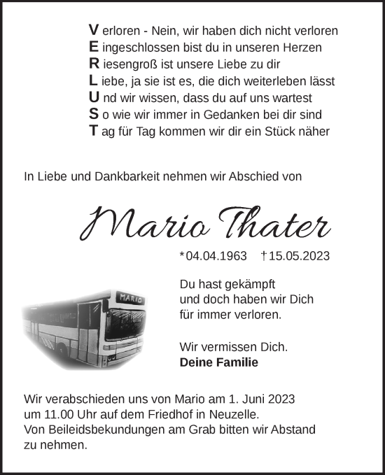 Traueranzeige von Mario Thater von Märkische Oderzeitung