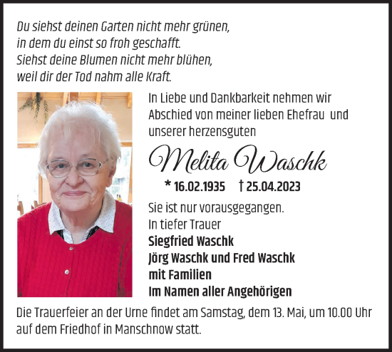 Traueranzeige von Melita Waschk von Märkische Oderzeitung