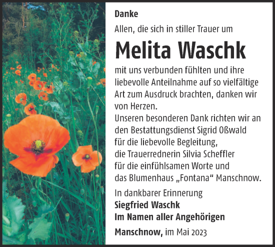 Traueranzeige von Melita Waschk von Märkische Oderzeitung