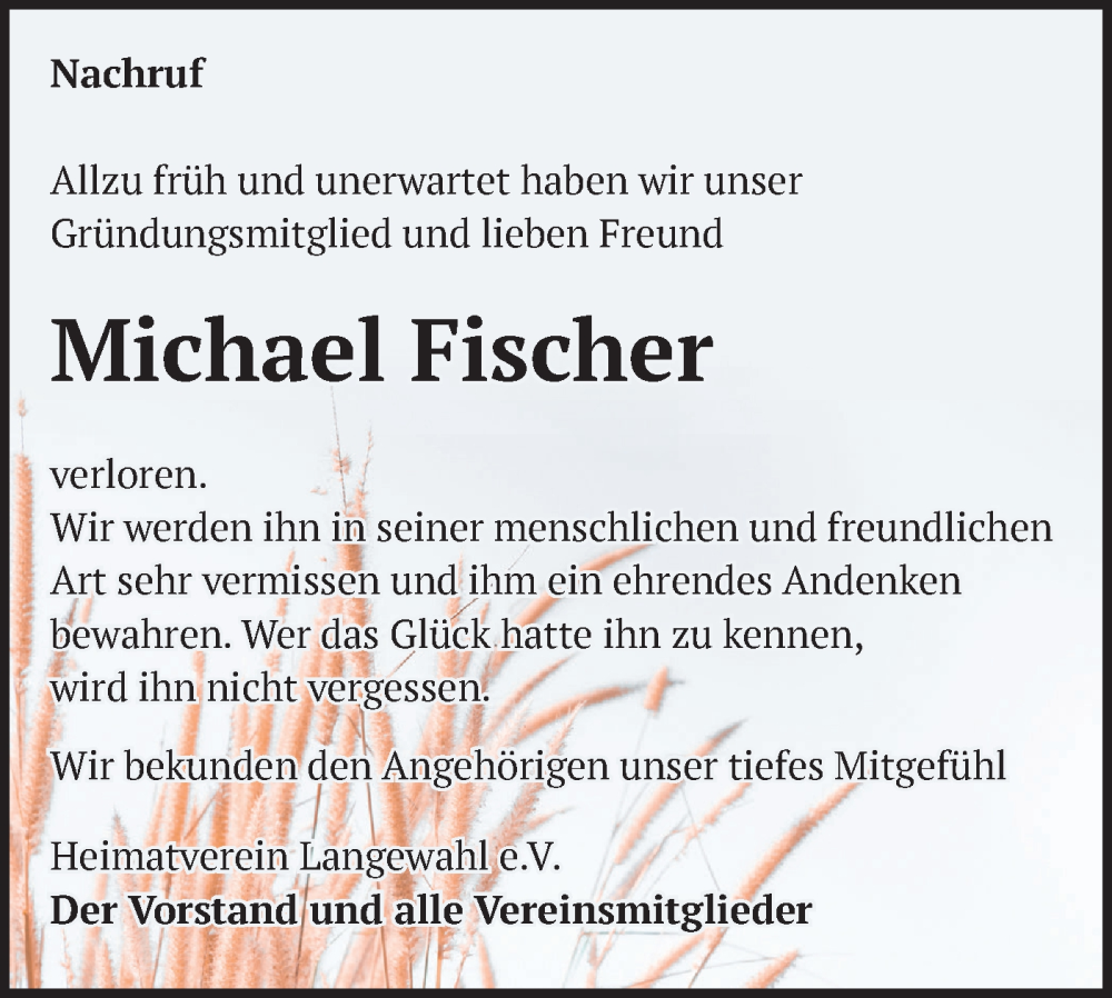  Traueranzeige für Michael Fischer vom 20.05.2023 aus Märkische Oderzeitung