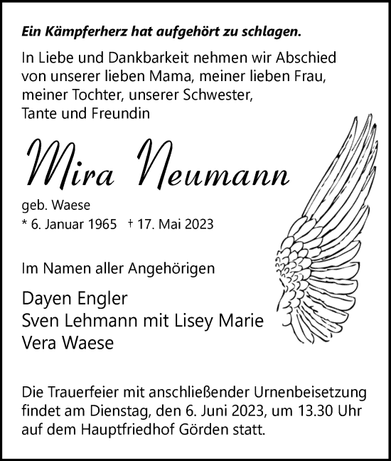 Traueranzeige von Mira Neumann von Märkische Oderzeitung