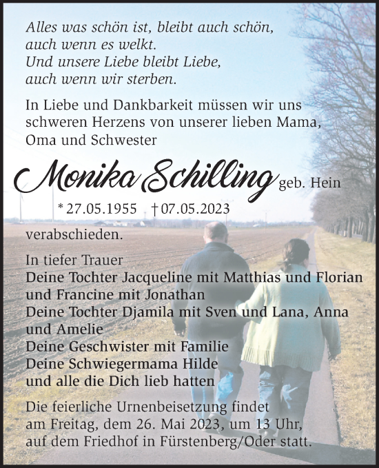 Traueranzeige von Monika Schilling von Märkische Oderzeitung