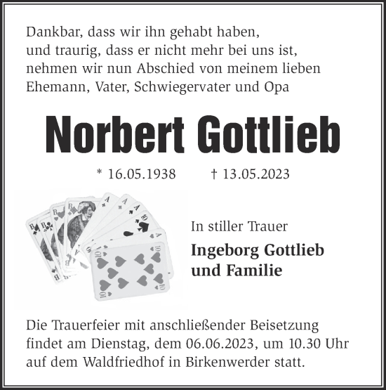 Traueranzeige von Norbert Gottlieb von Märkische Oderzeitung