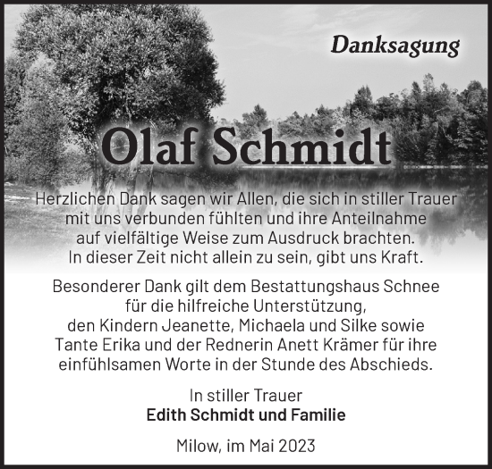 Traueranzeige von Olaf Schmidt von Märkische Oderzeitung