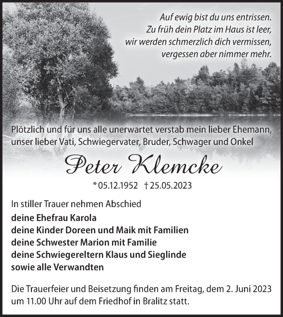 Anzeige Peter Klemcke