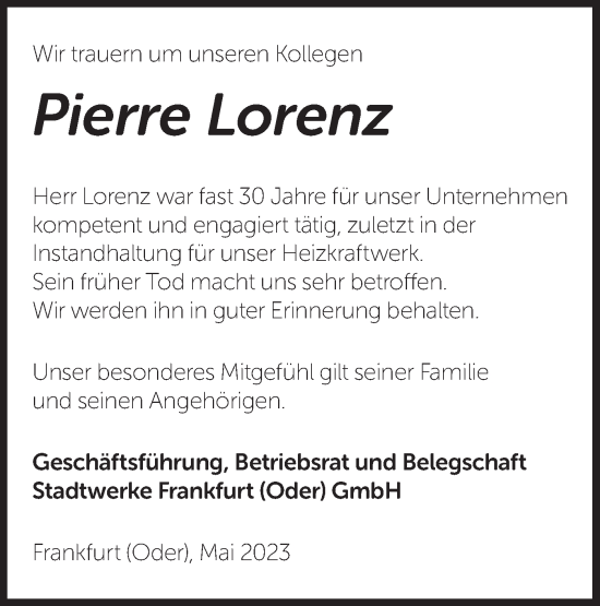 Traueranzeige von Pierre Lorenz von Märkische Oderzeitung