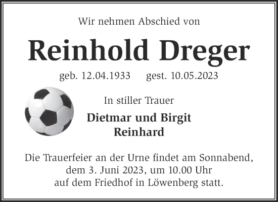 Traueranzeige von Reinhold Dreger von Märkische Oderzeitung