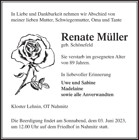 Traueranzeige von Renate Müller von Märkische Oderzeitung