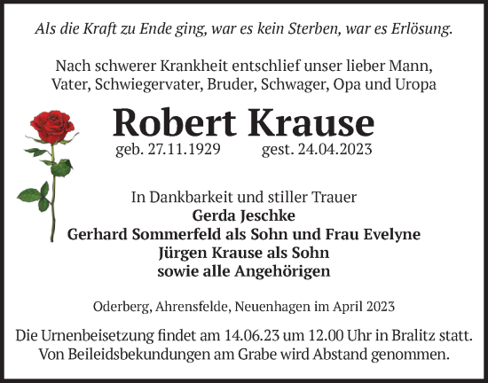 Traueranzeige von Robert Krause von Märkische Oderzeitung