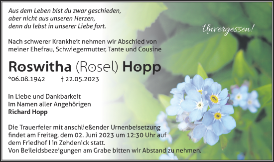 Anzeige Roswitha Hopp