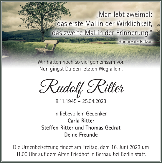 Traueranzeige von Rudolf Ritter von Märkische Oderzeitung