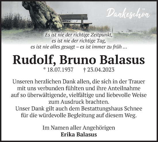 Traueranzeige von Rudolf Bruno Balasus von Märkische Oderzeitung