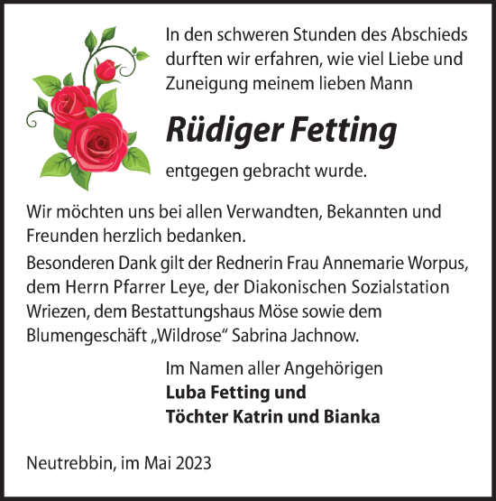 Traueranzeige von Rüdiger Fetting von Märkische Oderzeitung