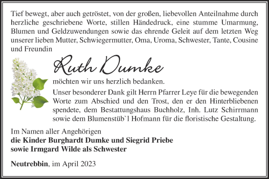 Traueranzeige von Ruth Dumke von Märkische Oderzeitung