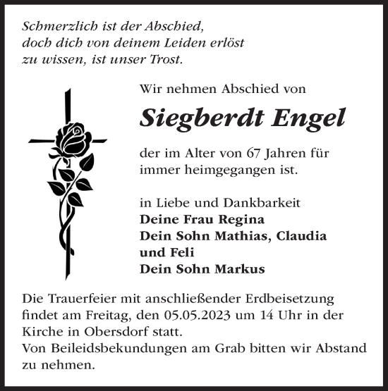 Traueranzeige von Siegberdt Engel von Märkische Oderzeitung