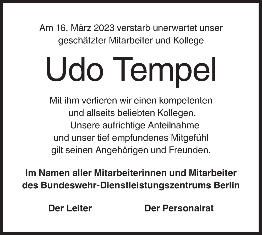  Traueranzeige für Udo Tempel vom 27.05.2023 aus Märkische Oderzeitung