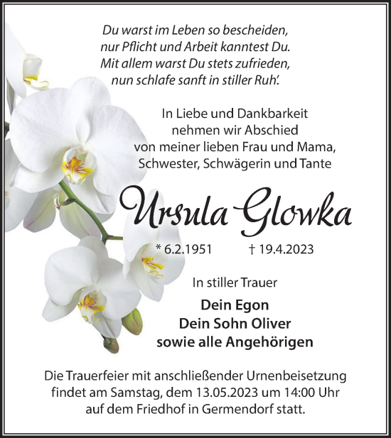 Traueranzeige von Ursula Glowka von Märkische Oderzeitung