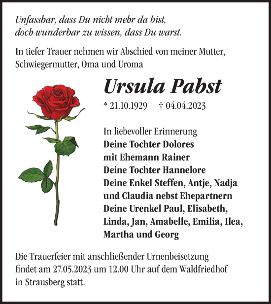 Traueranzeige von Ursula Pabst von Märkische Oderzeitung