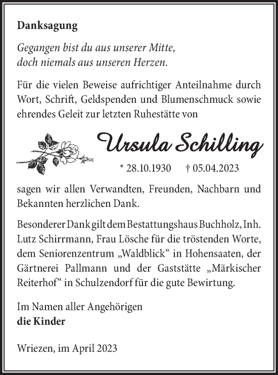 Traueranzeige von Ursula Schilling von Märkische Oderzeitung