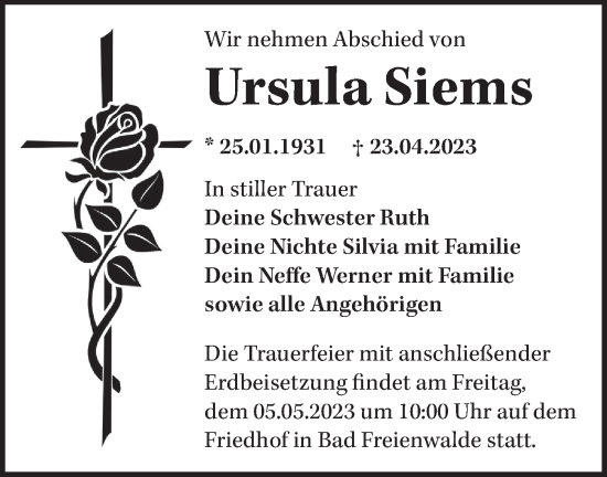 Traueranzeige von Ursula Siems von Märkische Oderzeitung