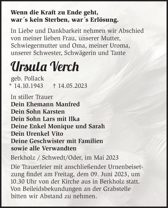 Traueranzeige von Ursula Verch von Märkische Oderzeitung